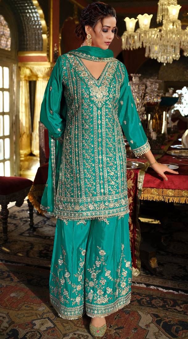 Green embroidered chinon free size stitched palazzo style salwar suit