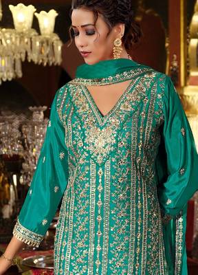 Green embroidered chinon free size stitched palazzo style salwar suit 2