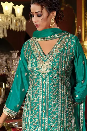 Green embroidered chinon free size stitched palazzo style salwar suit