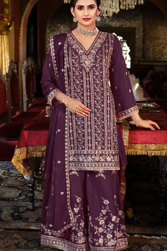Purple embroidered chinon free size stitched palazzo style salwar suit