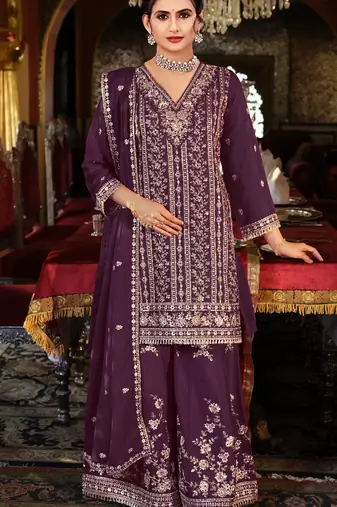 Purple embroidered chinon free size stitched palazzo style salwar suit