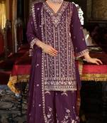 Purple embroidered chinon free size stitched palazzo style salwar suit