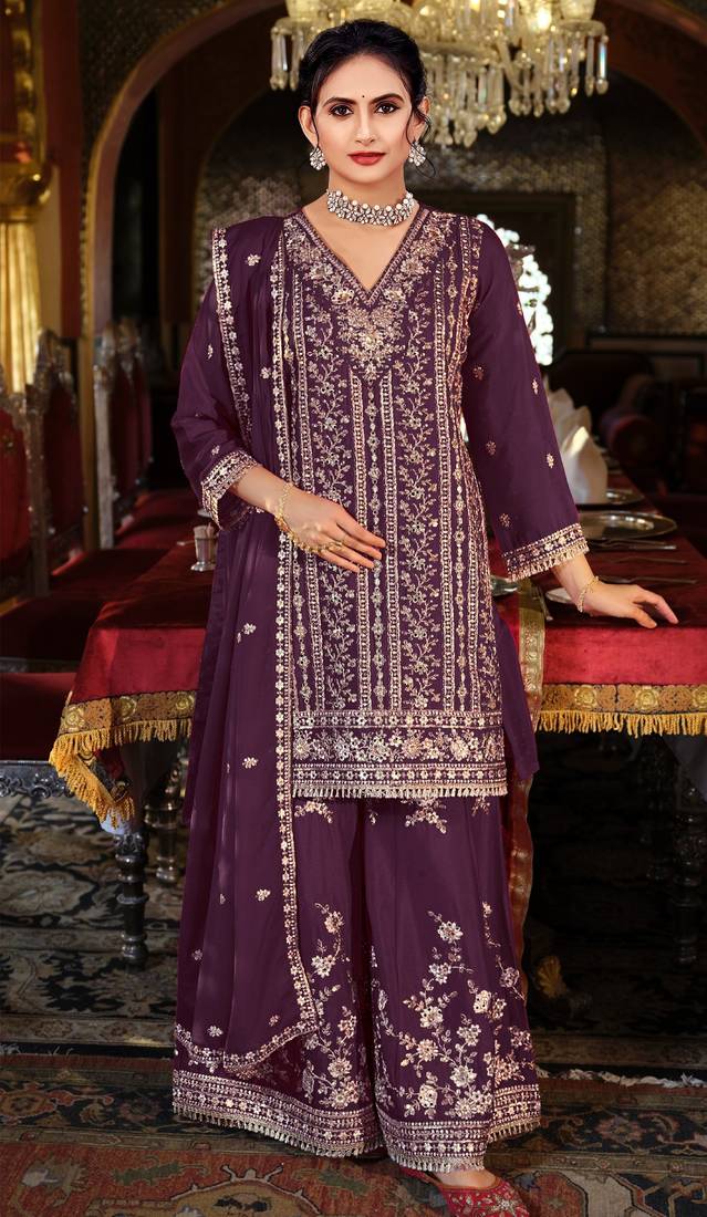 Purple embroidered chinon free size stitched palazzo style salwar suit