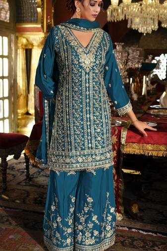 Blue embroidered chinon free size stitched palazzo style salwar suit