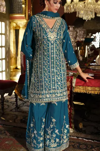 Blue embroidered chinon free size stitched palazzo style salwar suit