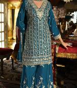 Blue embroidered chinon free size stitched palazzo style salwar suit