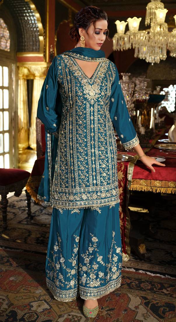 Blue embroidered chinon free size stitched palazzo style salwar suit