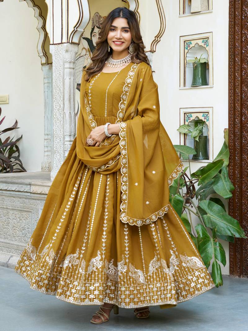 Yellow Sequins Georgette Gown With Dupatta