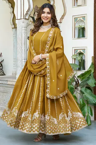 Yellow Sequins Georgette Gown With Dupatta
