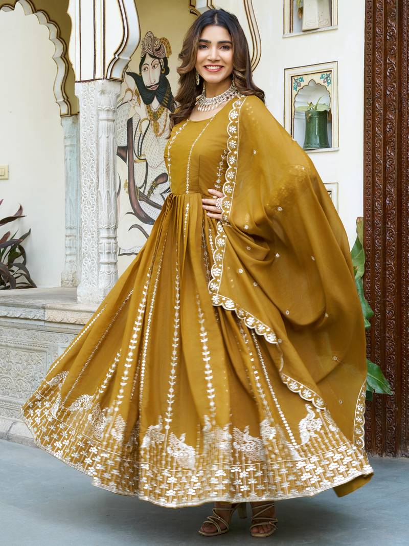 Yellow Sequins Georgette Gown With Dupatta