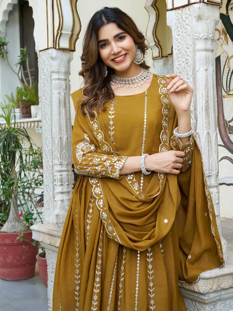 Yellow Sequins Georgette Gown With Dupatta