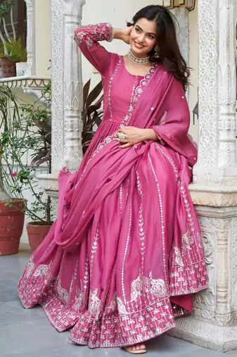Pink Sequins Georgette Gown With Dupatta