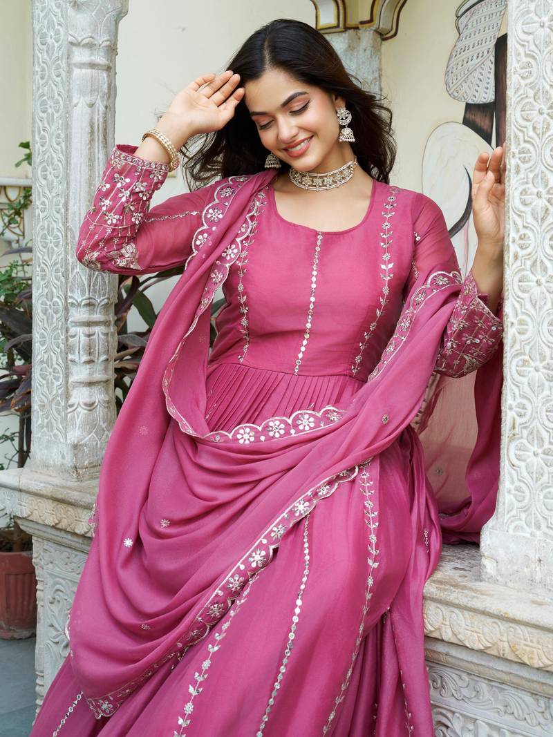 Pink Sequins Georgette Gown With Dupatta