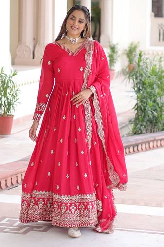  Pink Embroidered Georgette Gown With Dupatta