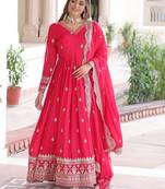  Pink Embroidered Georgette Gown With Dupatta