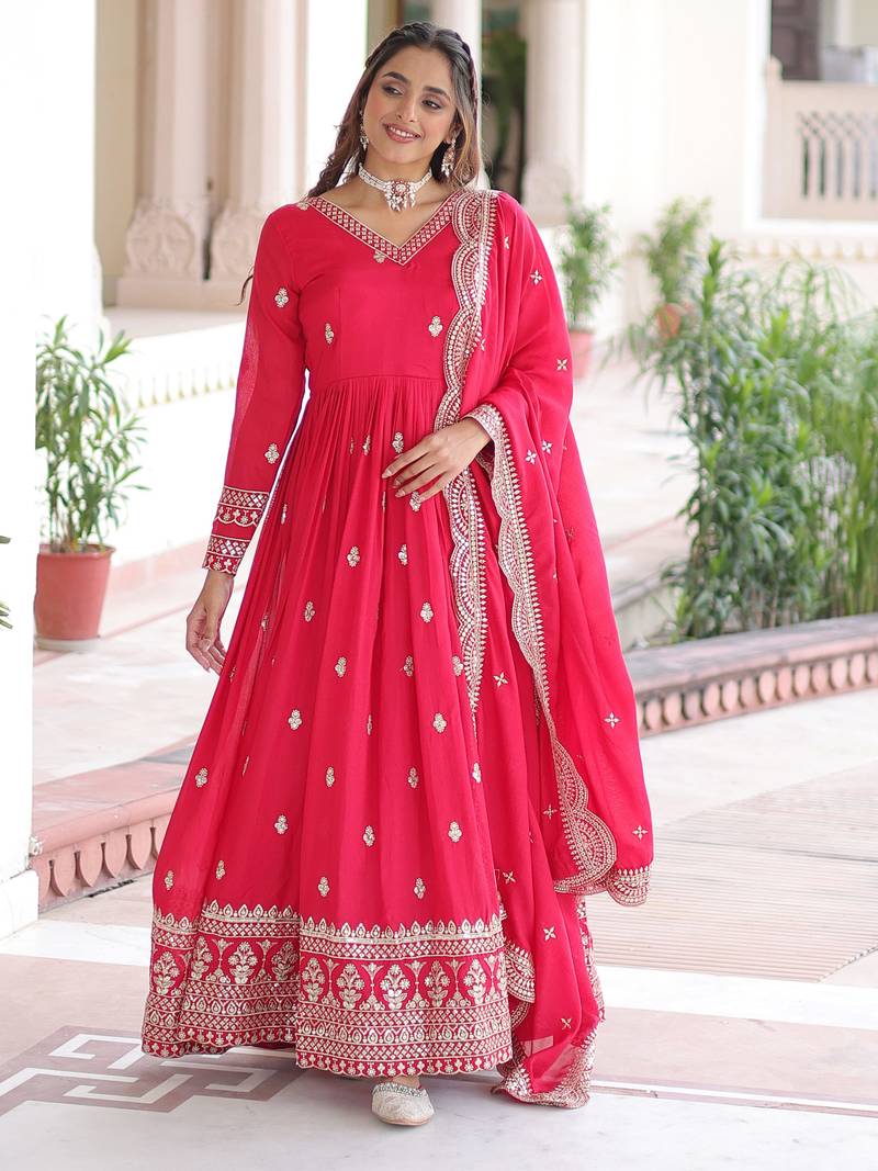  Pink Embroidered Georgette Gown With Dupatta