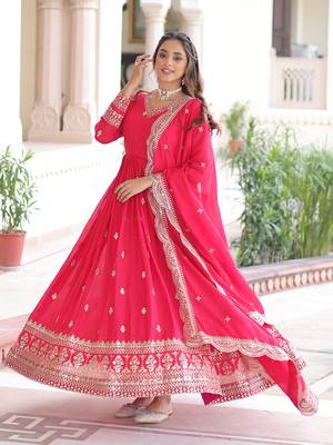  Pink Embroidered Georgette Gown With Dupatta 2