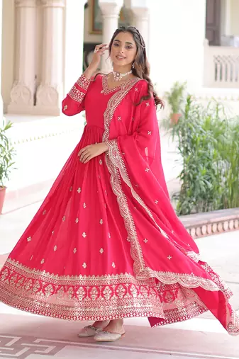  Pink Embroidered Georgette Gown With Dupatta