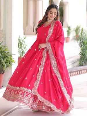  Pink Embroidered Georgette Gown With Dupatta 3