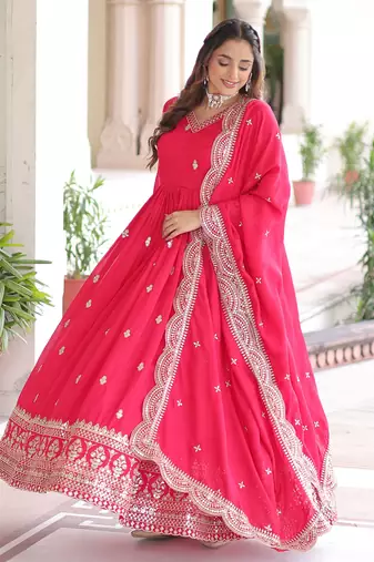  Pink Embroidered Georgette Gown With Dupatta