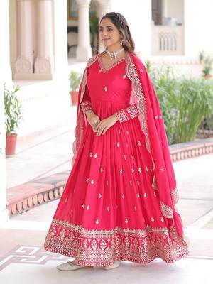  Pink Embroidered Georgette Gown With Dupatta 4