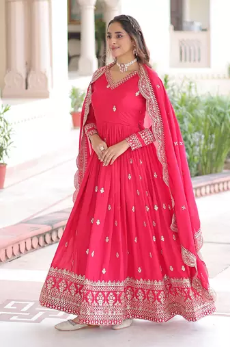  Pink Embroidered Georgette Gown With Dupatta