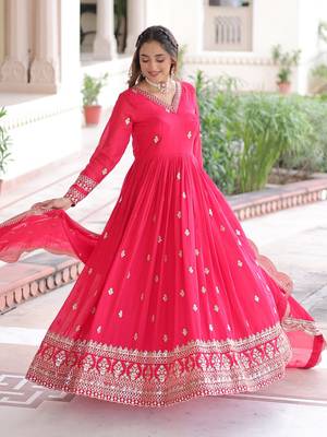  Pink Embroidered Georgette Gown With Dupatta 5