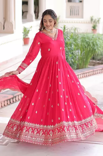  Pink Embroidered Georgette Gown With Dupatta