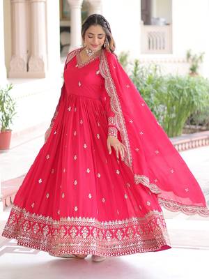  Pink Embroidered Georgette Gown With Dupatta 6