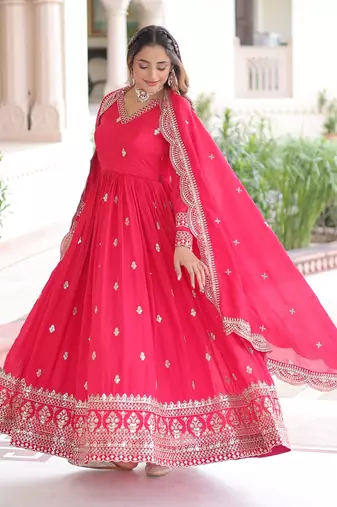  Pink Embroidered Georgette Gown With Dupatta