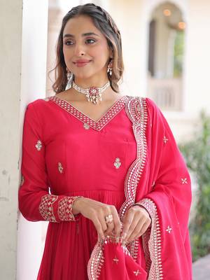  Pink Embroidered Georgette Gown With Dupatta 7