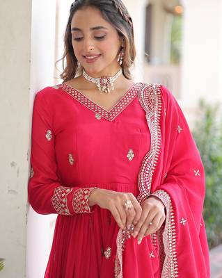  Pink Embroidered Georgette Gown With Dupatta 8