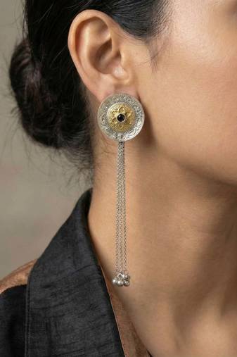 Black color oxidised earrings featuring striking dual-tone contrast ideal for strong statement fashion