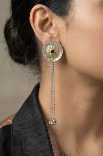 Black color oxidised earrings featuring striking dual-tone contrast ideal for strong statement fashion