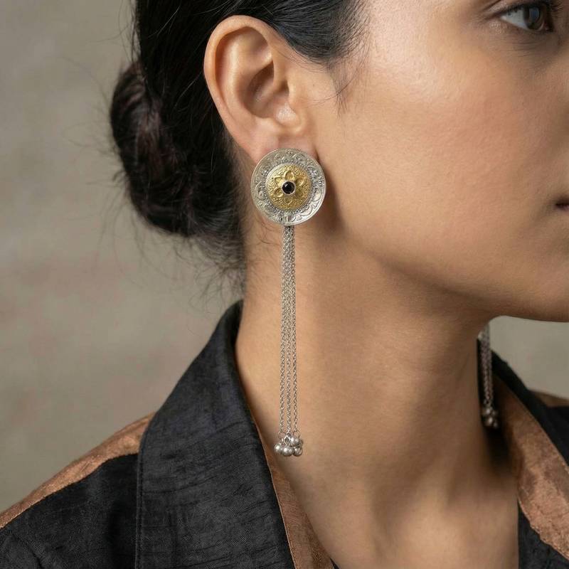 Black color oxidised earrings featuring striking dual-tone contrast ideal for strong statement fashion