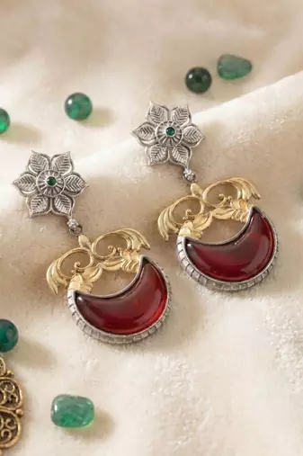 Maroon color oxidised earrings featuring dual-tone artistry for sophisticated cultural celebrations