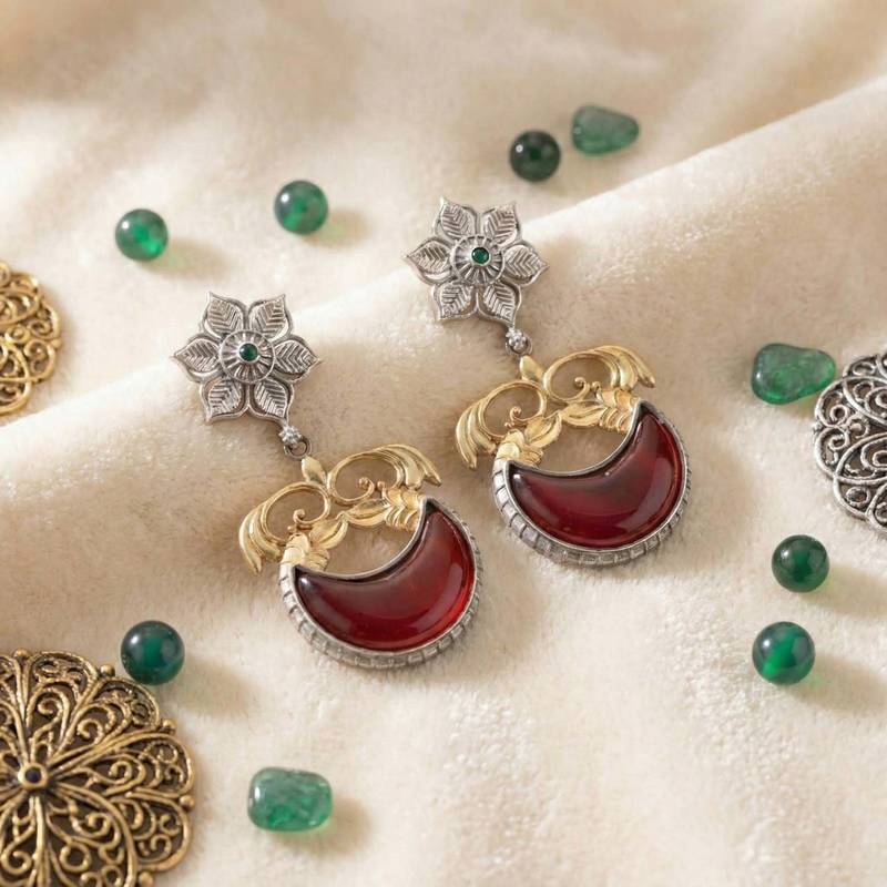 Maroon color oxidised earrings featuring dual-tone artistry for sophisticated cultural celebrations
