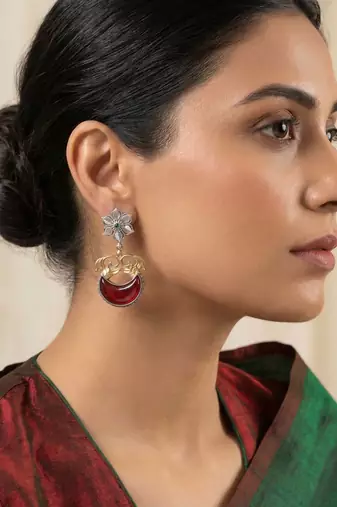 Maroon color oxidised earrings featuring dual-tone artistry for sophisticated cultural celebrations