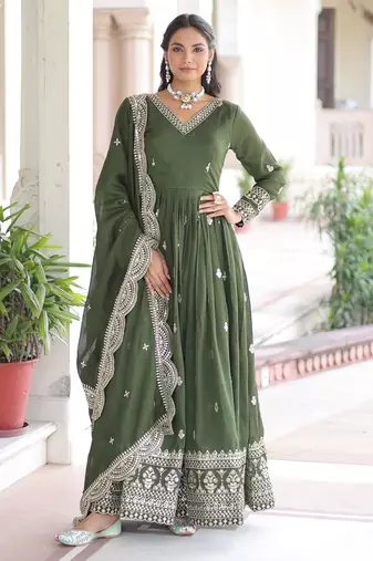 Green Embroidered Georgette Festive Wear Gown With Dupatta