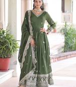 Green Embroidered Georgette Festive Wear Gown With Dupatta