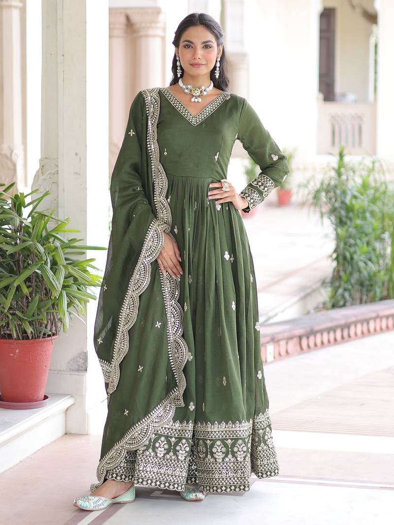 Green Embroidered Georgette Festive Wear Gown With Dupatta