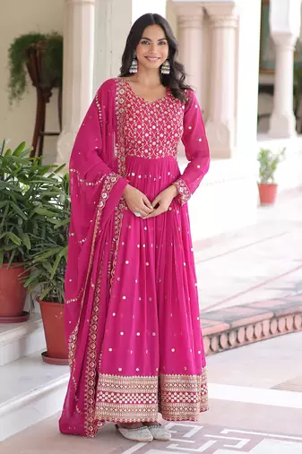 Pink Embroidered Georgette Gown With Dupatta
