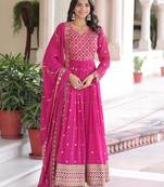 Pink Embroidered Georgette Gown With Dupatta