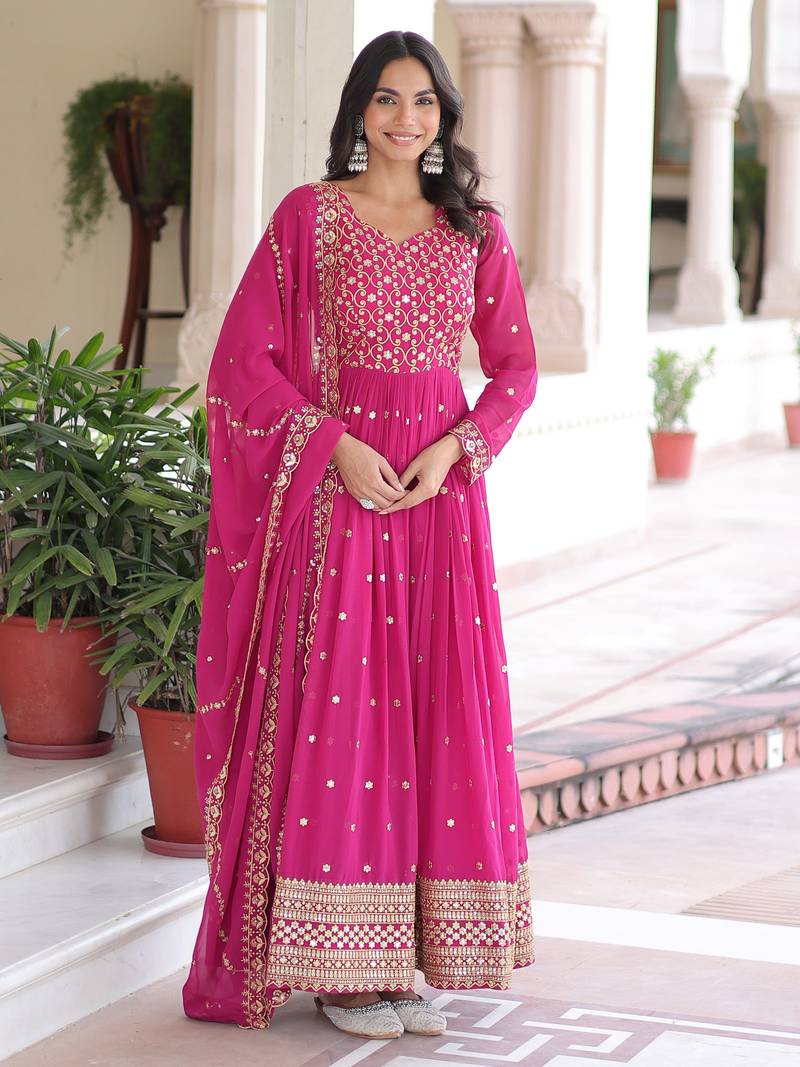 Pink Embroidered Georgette Gown With Dupatta