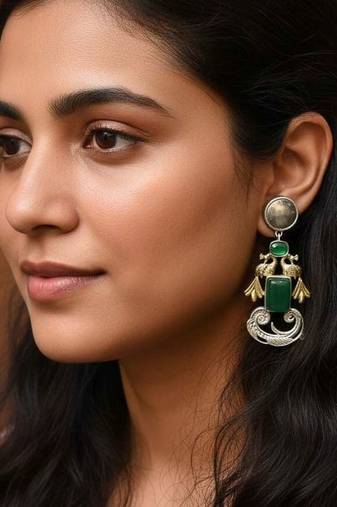 Green color oxidised earrings made in dual-tone artistry perfect for cultural celebration outfits