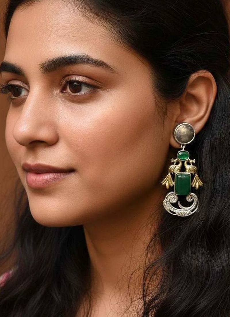 Green color oxidised earrings made in dual-tone artistry perfect for cultural celebration outfits