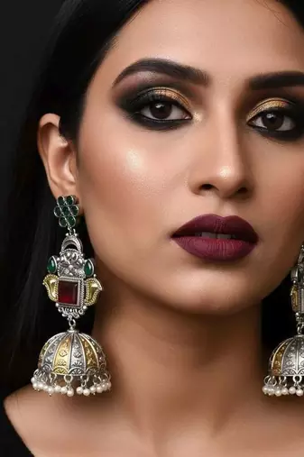 Maroon & green color oxidised earrings blending dual-tone shades for rich traditional elegance