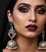 Maroon & green color oxidised earrings blending dual-tone shades for rich traditional elegance