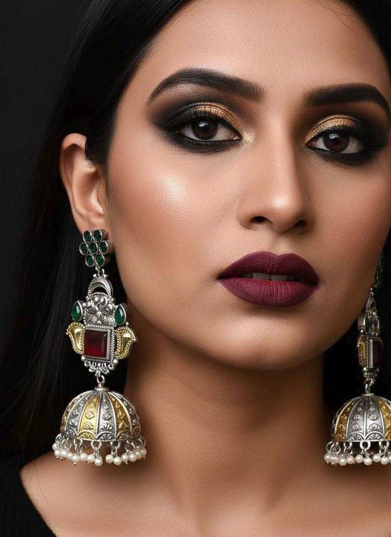 Maroon & green color oxidised earrings blending dual-tone shades for rich traditional elegance