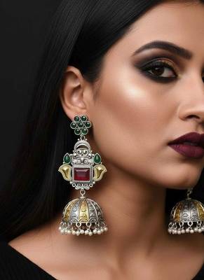 Maroon & green color oxidised earrings blending dual-tone shades for rich traditional elegance 2